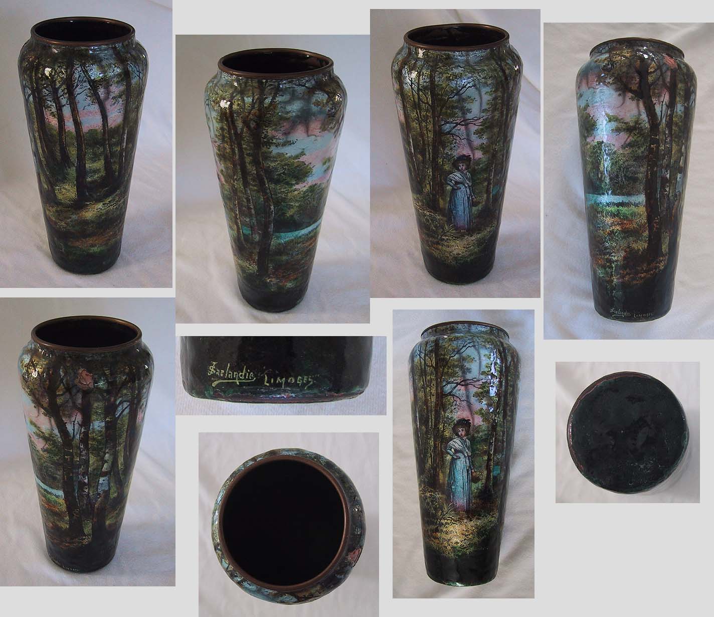 Signed Antique Limoges Enamel Vase Figure in Wooded Landscape 3G12